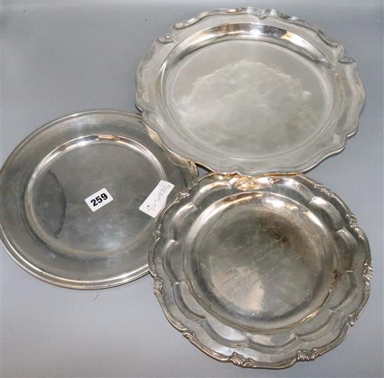 2 silver trays (Continental) & another plated tray